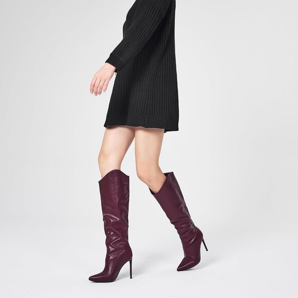 Women’s Knee High Boots, Pointed Toe, 4” Stiletto Heel, Wide Calf Slip-on Bootie - Picture 8 of 9